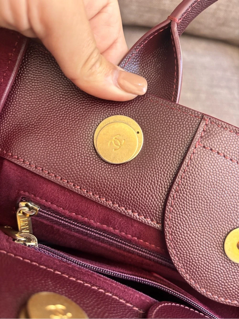 Authentic CHANEL deauville studded caviar leather burgundy tote